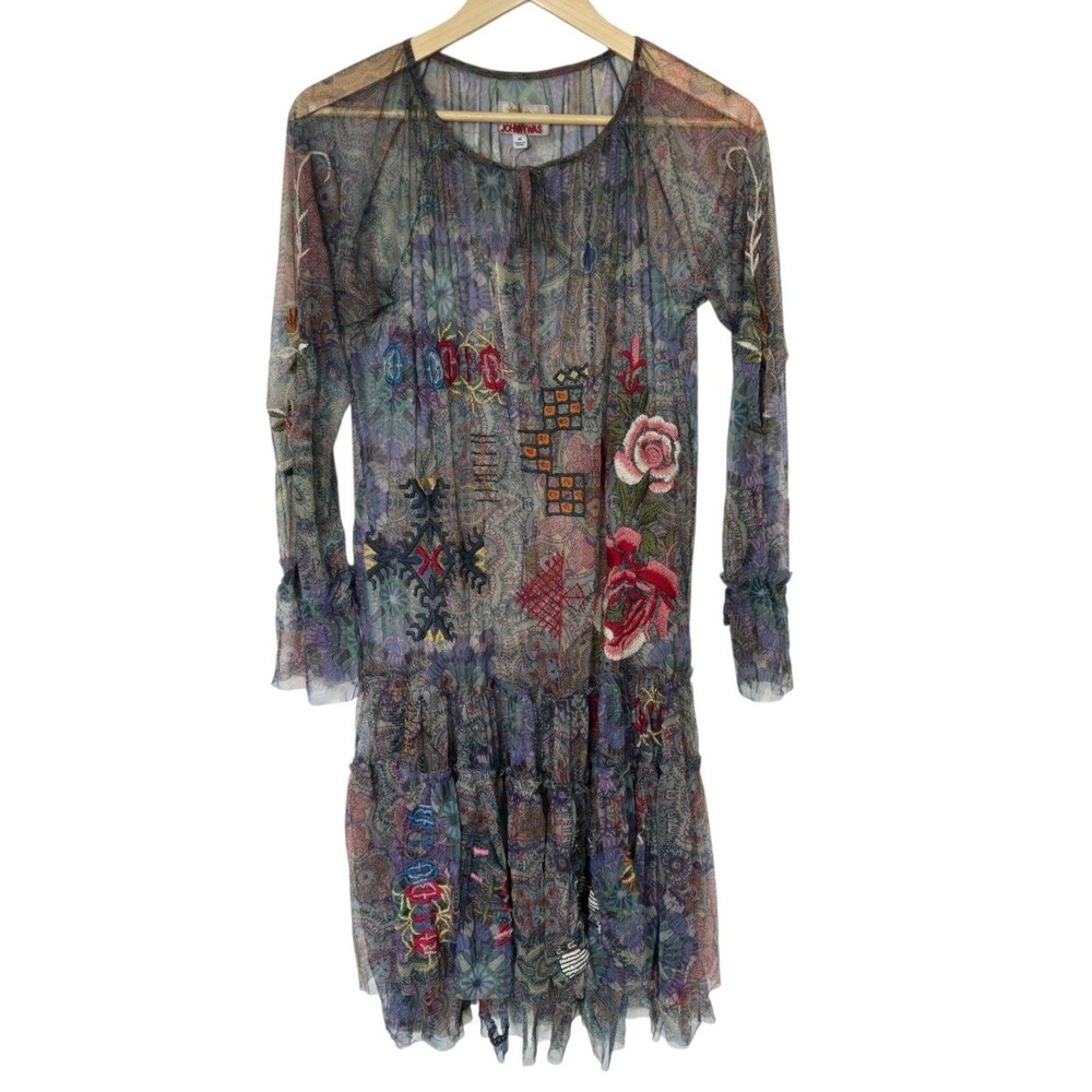 Johnny Was Biya Mesh Floral Embroidered Midi Dress Sz XS